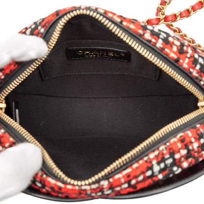 Chanel Chanel Chain Shoulder Bag Red Black Tweed Leather