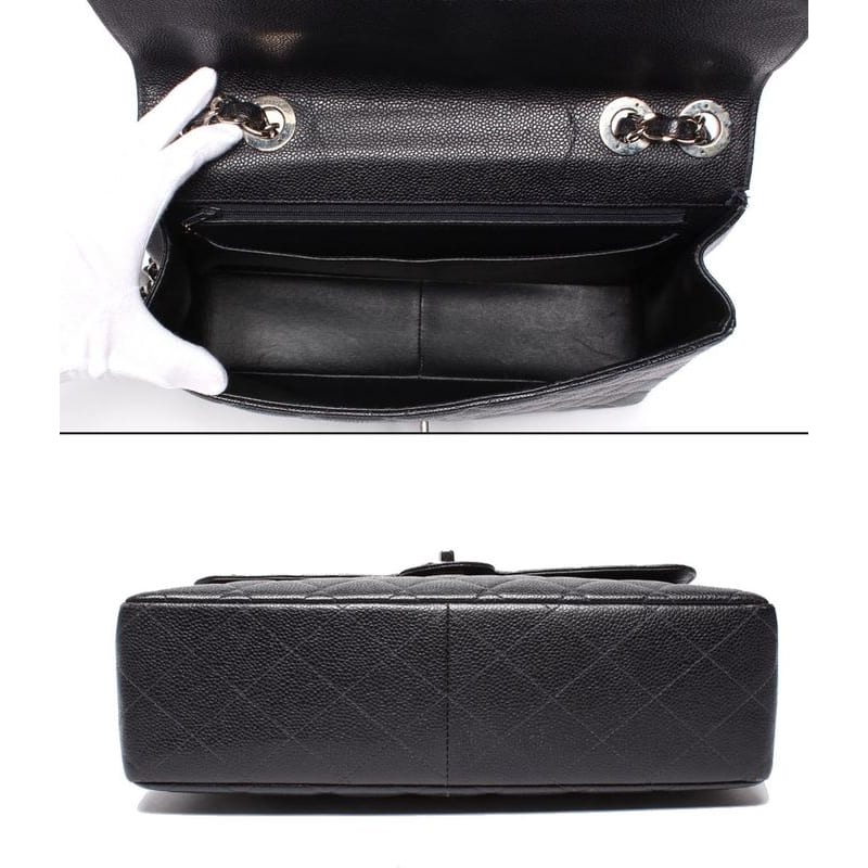 Chanel Shoulder Bag Single Flap Double Chain Silver Hardware Caviar Skin Big