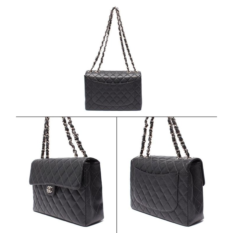 Chanel Shoulder Bag Single Flap Double Chain Silver Hardware Caviar Skin Big