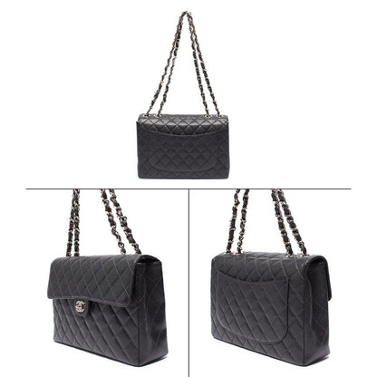 Chanel Shoulder Bag Single Flap Double Chain Silver Hardware Caviar Skin Big