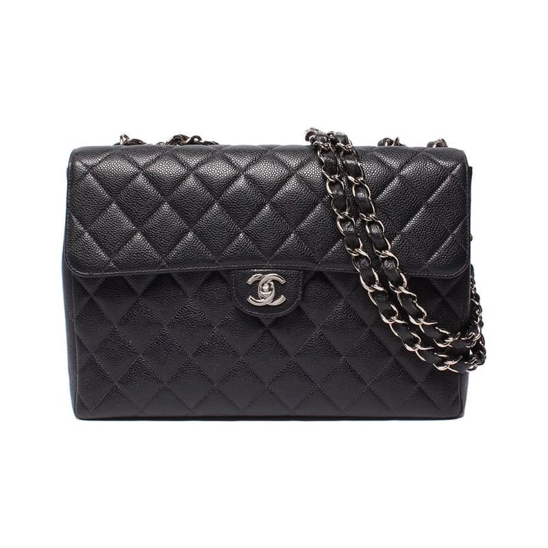 Chanel Shoulder Bag Single Flap Double Chain Silver Hardware Caviar Skin Big