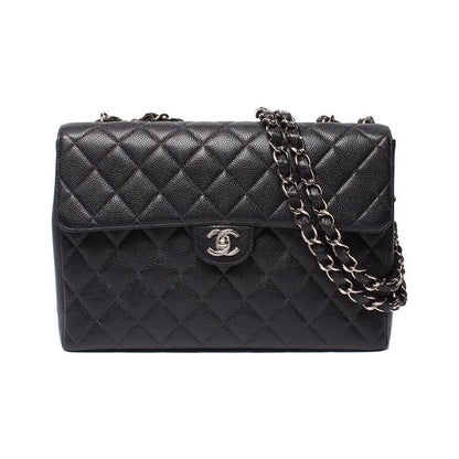 Chanel Shoulder Bag Single Flap Double Chain Silver Hardware Caviar Skin Big