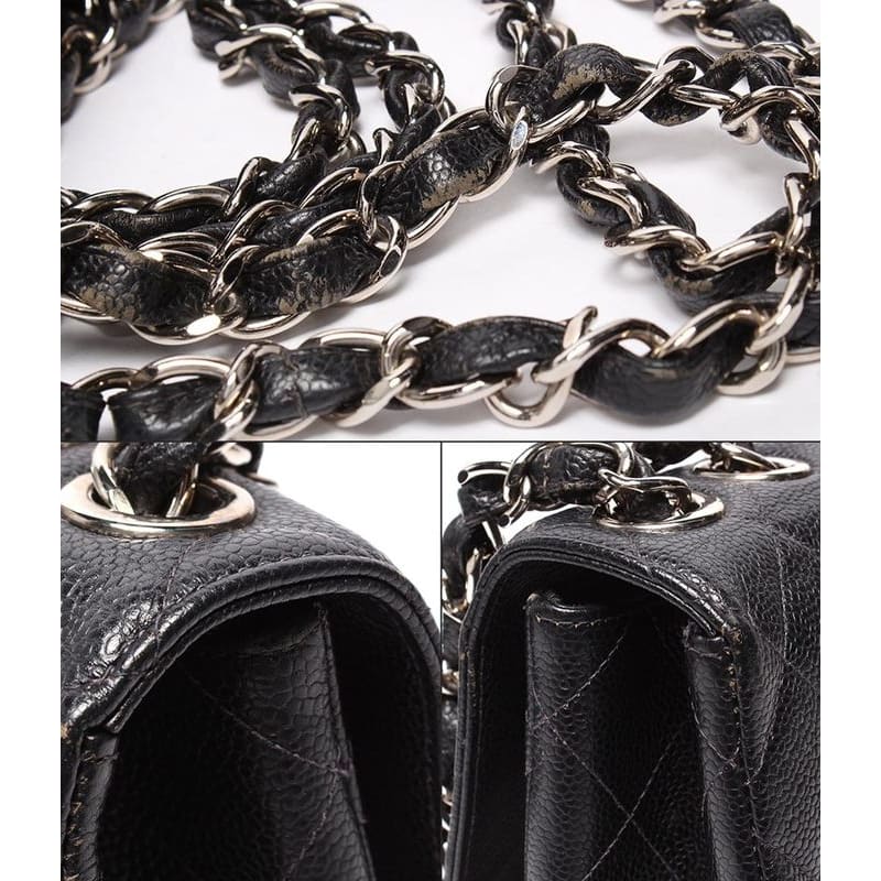 Chanel Shoulder Bag Single Flap Double Chain Silver Hardware Caviar Skin Big
