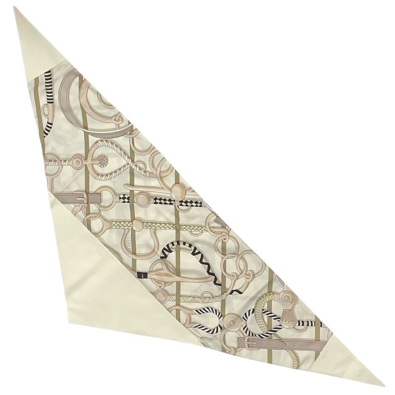 Hermes Triangle Scarf Horse Tack Pattern Silk Leather Cream