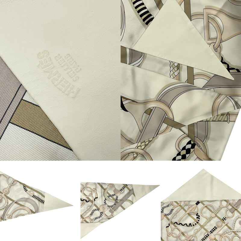 Hermes Triangle Scarf Horse Tack Pattern Silk Leather Cream
