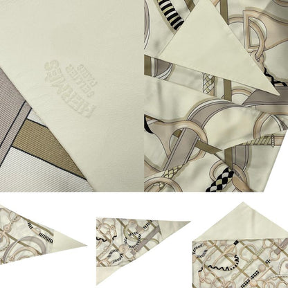 Hermes Triangle Scarf Horse Tack Pattern Silk Leather Cream