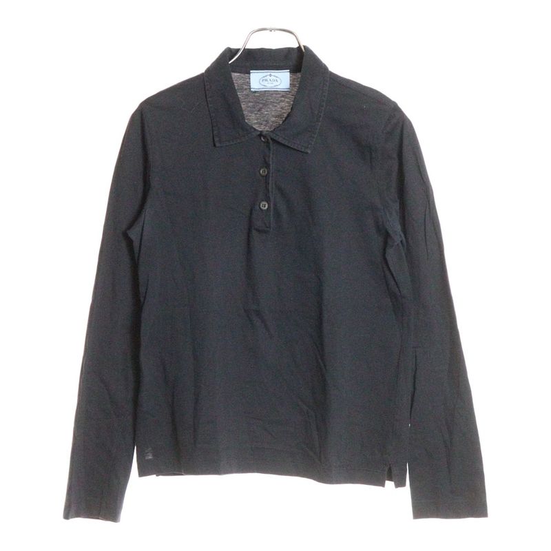 Prada Cotton Half Button Fly Long Sleeve Polo Shirt Women's Black Dna579