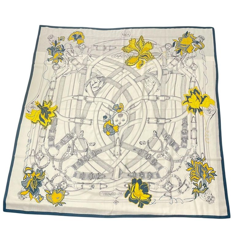 Hermes Kare140 Cavalcadour Fleuri Large Shawl Cashmere X Silk Beige