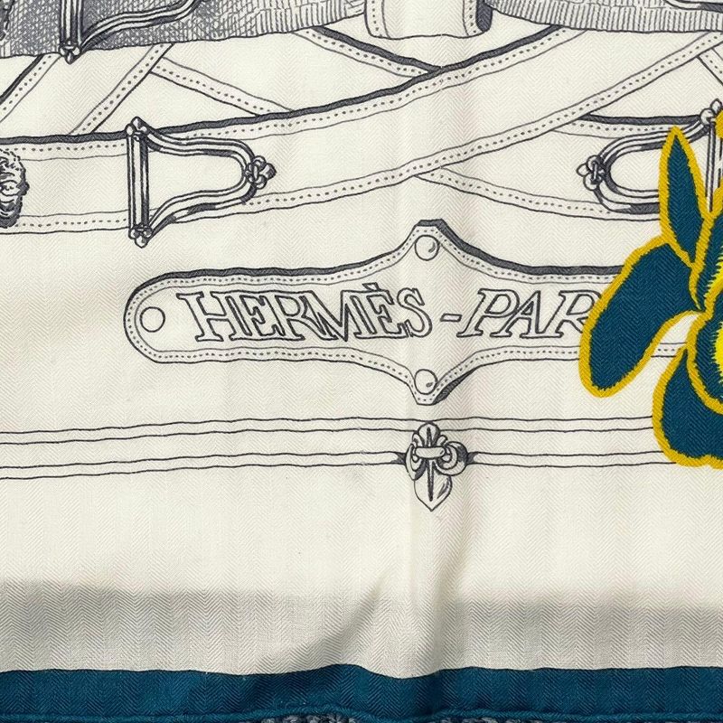 Hermes Kare140 Cavalcadour Fleuri Large Shawl Cashmere X Silk Beige