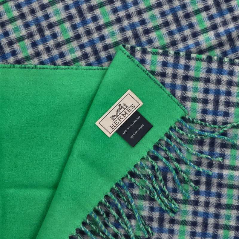 Hermes H Ecoce Recto Verso Plaid Cashmere Fringe Scarf Men's
