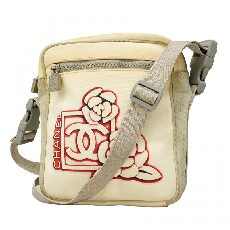 Chanel Shoulder Bag Sports Camellia Nylon White Gray Silver Hardware Ladies