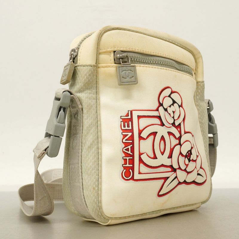 Chanel Shoulder Bag Sports Camellia Nylon White Gray Silver Hardware Ladies