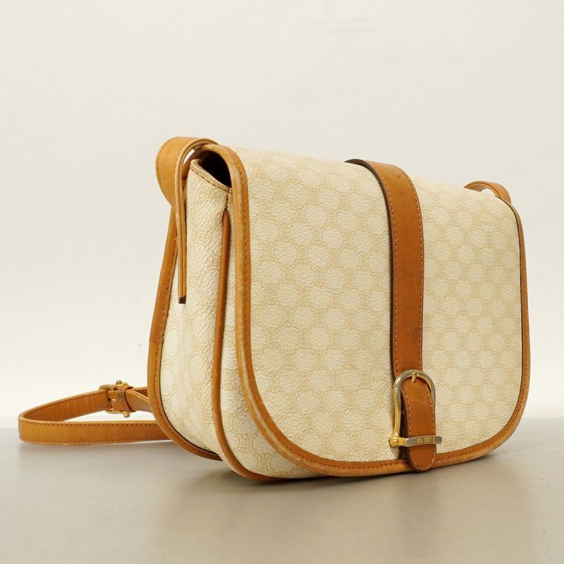 Celine Shoulder Bag Macadam PVC White Brown Gold Hardware Women's