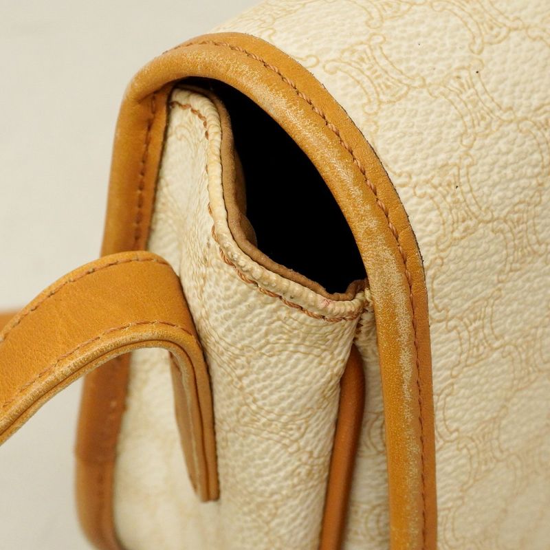 Celine Shoulder Bag Macadam PVC White Brown Gold Hardware Women's