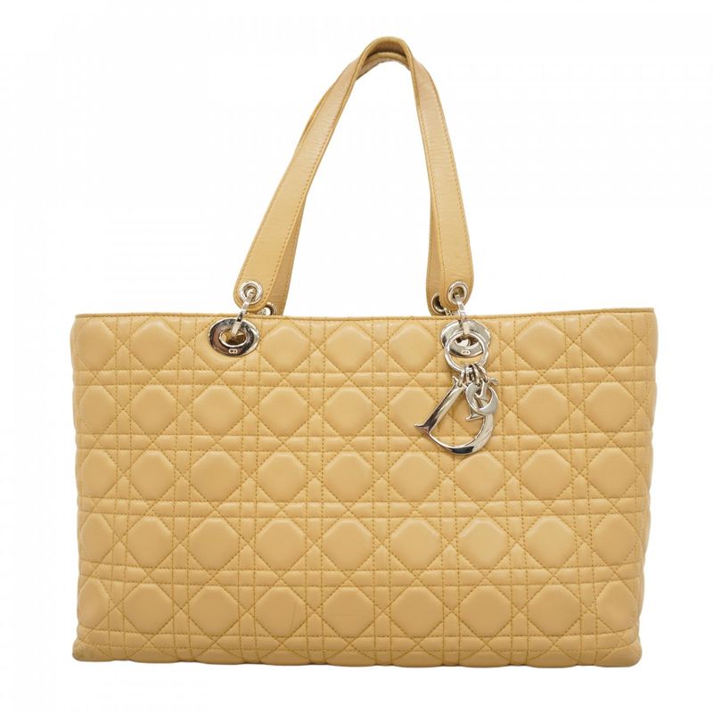 Christian Dior Tote Bag Cannage Lamb Beige Silver Hardware Women's