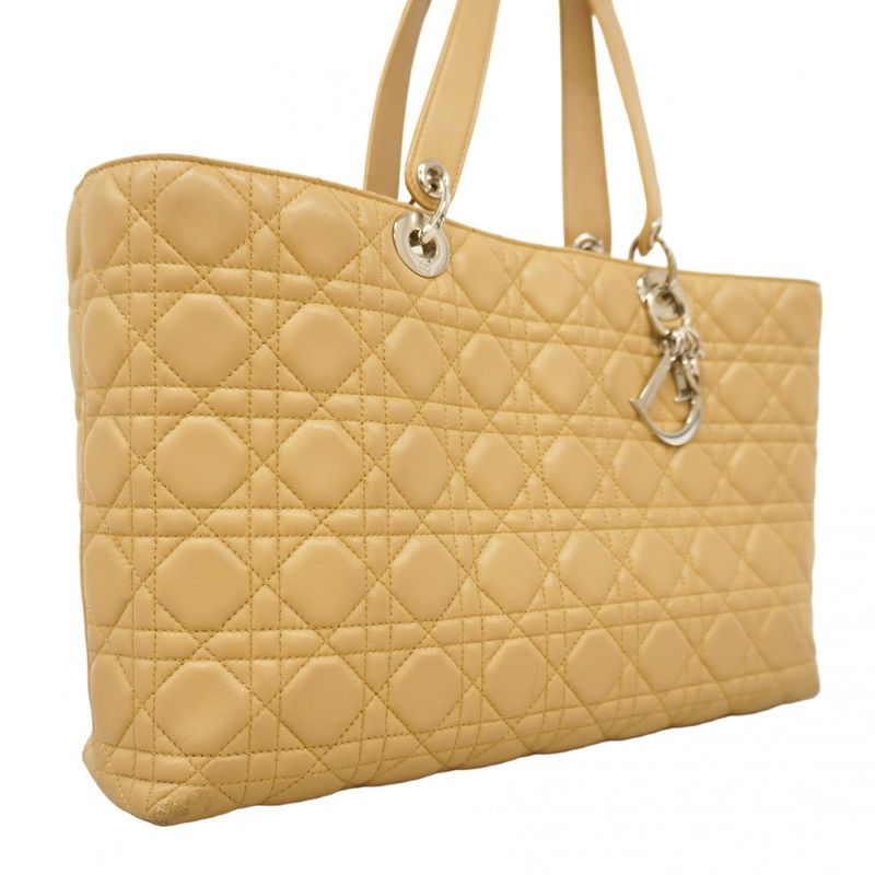 Christian Dior Tote Bag Cannage Lamb Beige Silver Hardware Women's