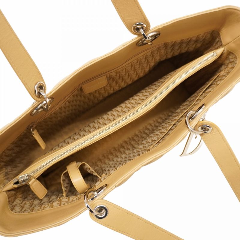 Christian Dior Tote Bag Cannage Lamb Beige Silver Hardware Women's