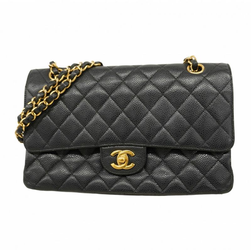 Chanel Shoulder Bag Matelasse Caviar Skin Black Gold Hardware Women