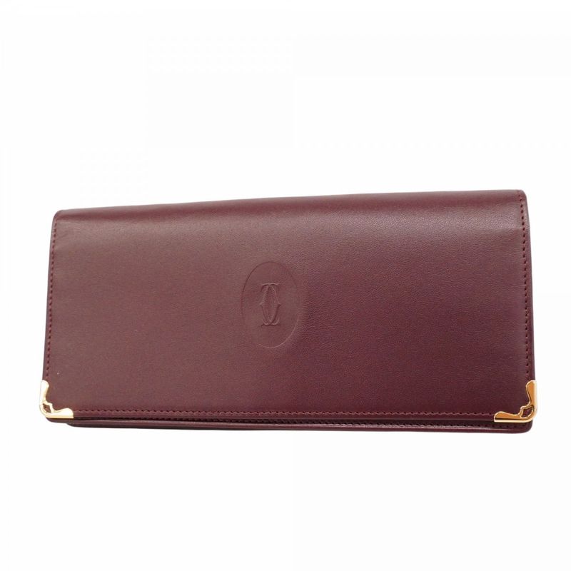 Cartier Long Wallet Must-have Leather Bordeaux Gold Hardware Men Women Unisex