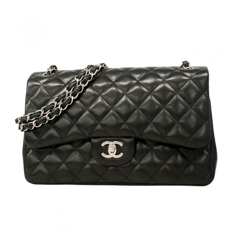 Chanel Shoulder Bag Big Matelasse Lambskin Black Silver Hardware Women's