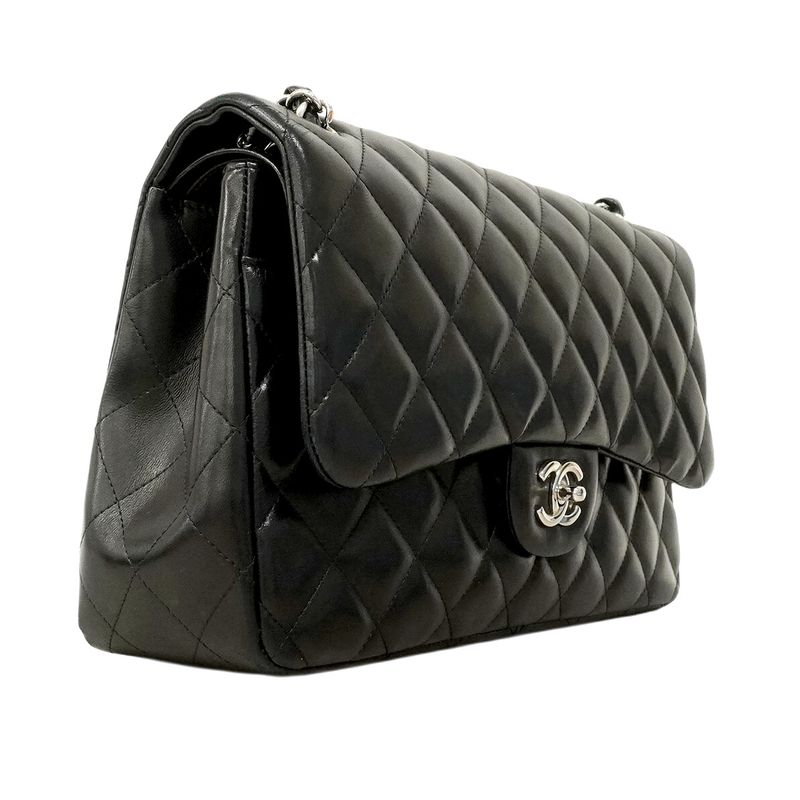Chanel Shoulder Bag Big Matelasse Lambskin Black Silver Hardware Women's