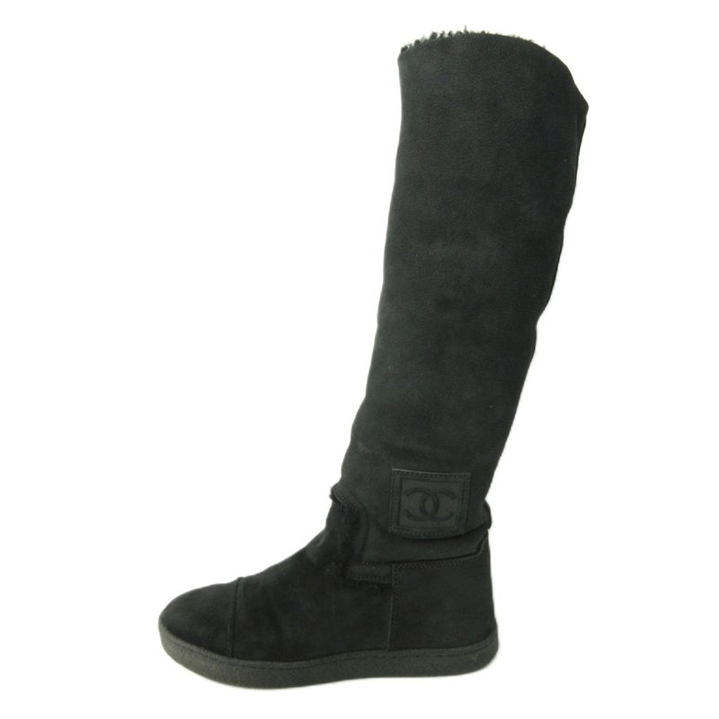 Chanel Long Boots Coco Mark Cles Sole Mouton 37 24.0cm (9.45in) Black 1227