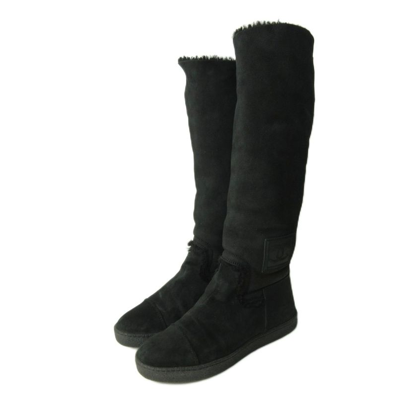 Chanel Long Boots Coco Mark Cles Sole Mouton 37 24.0cm (9.45in) Black 1227