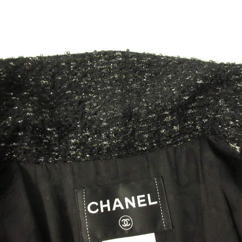 Chanel Vintage Tweed Coat Jacket Coco Mark Button Double Breasted Black 40