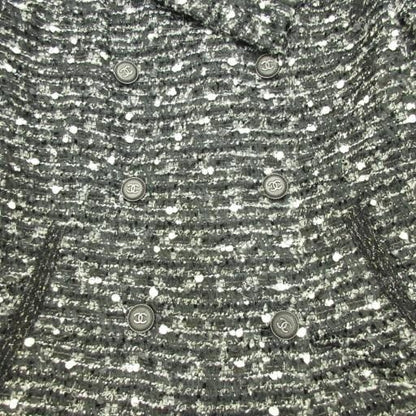 Chanel Vintage Tweed Coat Jacket Coco Mark Button Double Breasted Black 40