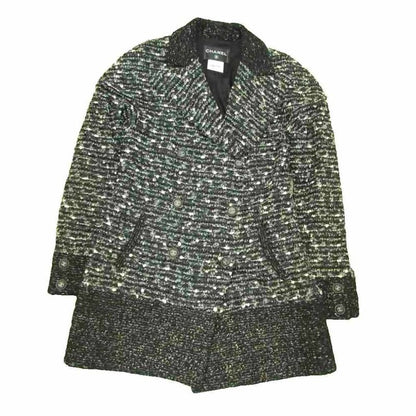 Chanel Vintage Tweed Coat Jacket Coco Mark Button Double Breasted Black 40