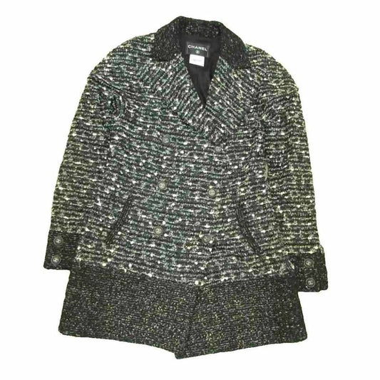Chanel Vintage Tweed Coat Jacket Coco Mark Button Double Breasted Black 40