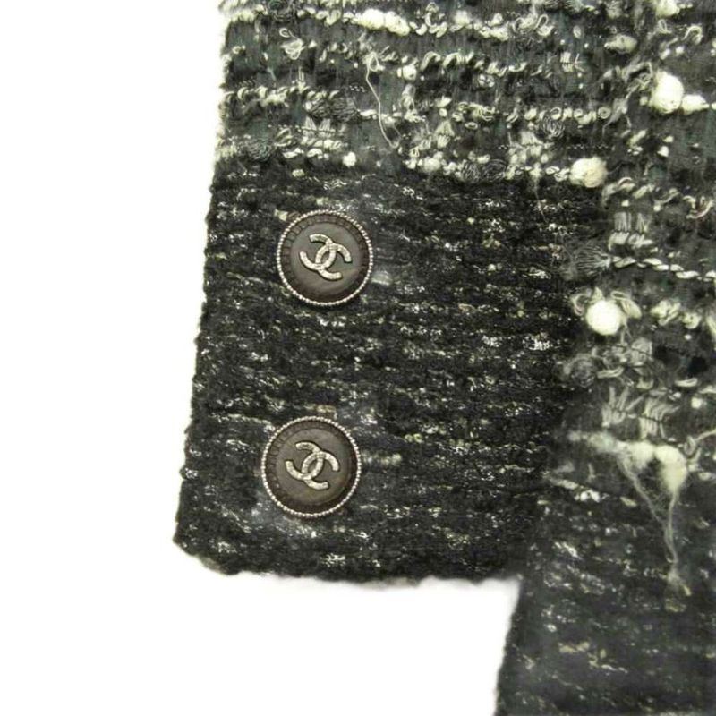 Chanel Vintage Tweed Coat Jacket Coco Mark Button Double Breasted Black 40