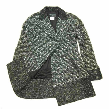 Chanel Vintage Tweed Coat Jacket Coco Mark Button Double Breasted Black 40