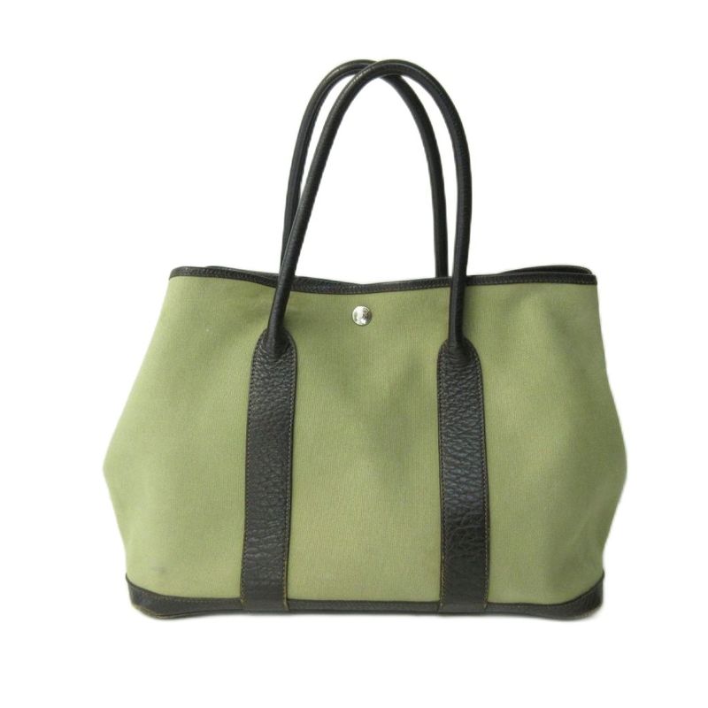 Hermes Garden Party PM Toile Ash Tote Bag Canvas Leather Silver Hardware □G