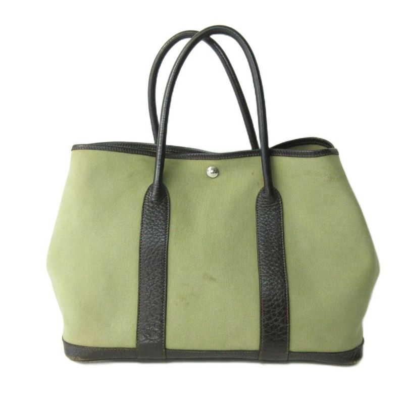 Hermes Garden Party PM Toile Ash Tote Bag Canvas Leather Silver Hardware □G