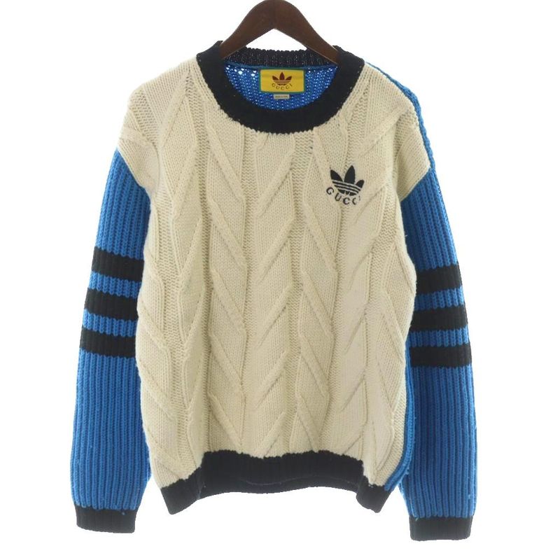 Gucci Adidas Cable Knit Sweater Long Sleeve Wool Logo Embroidery Pullover
