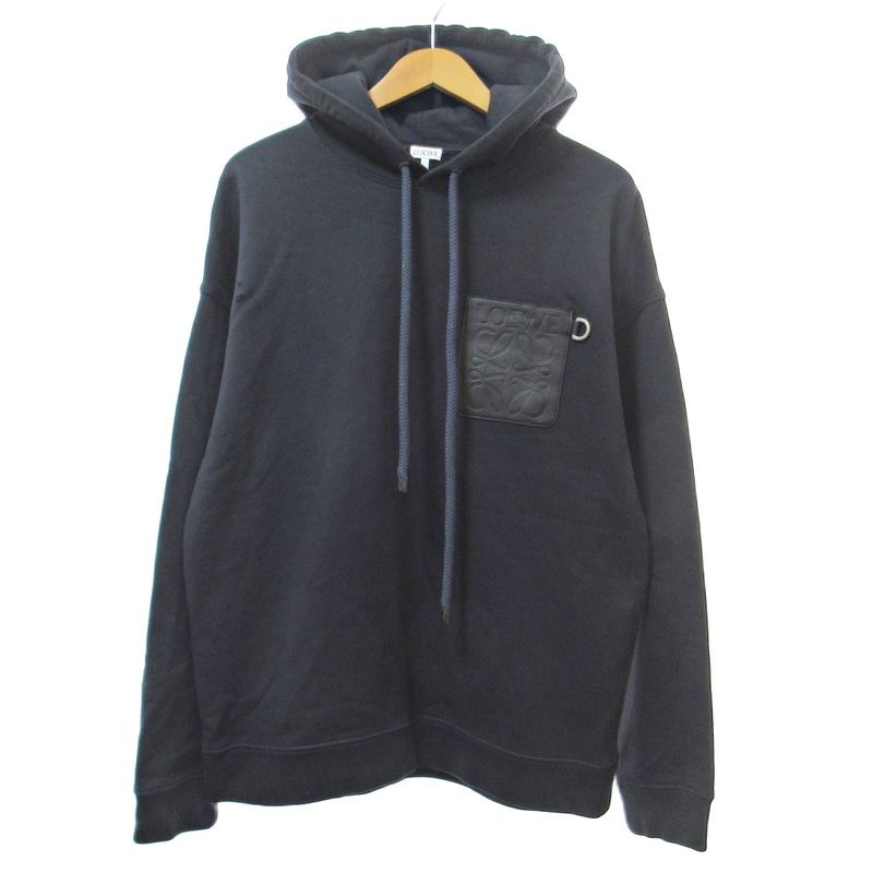 Loewe Anagram Parka Pullover Hoodie Leather Logo Patch M Navy 1230 • MNK4