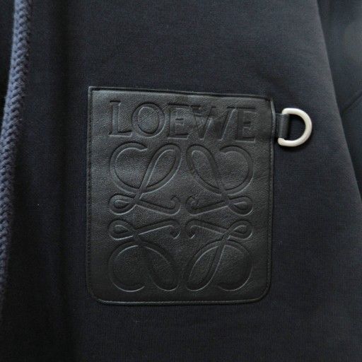 Loewe Anagram Parka Pullover Hoodie Leather Logo Patch M Navy 1230 • MNK4