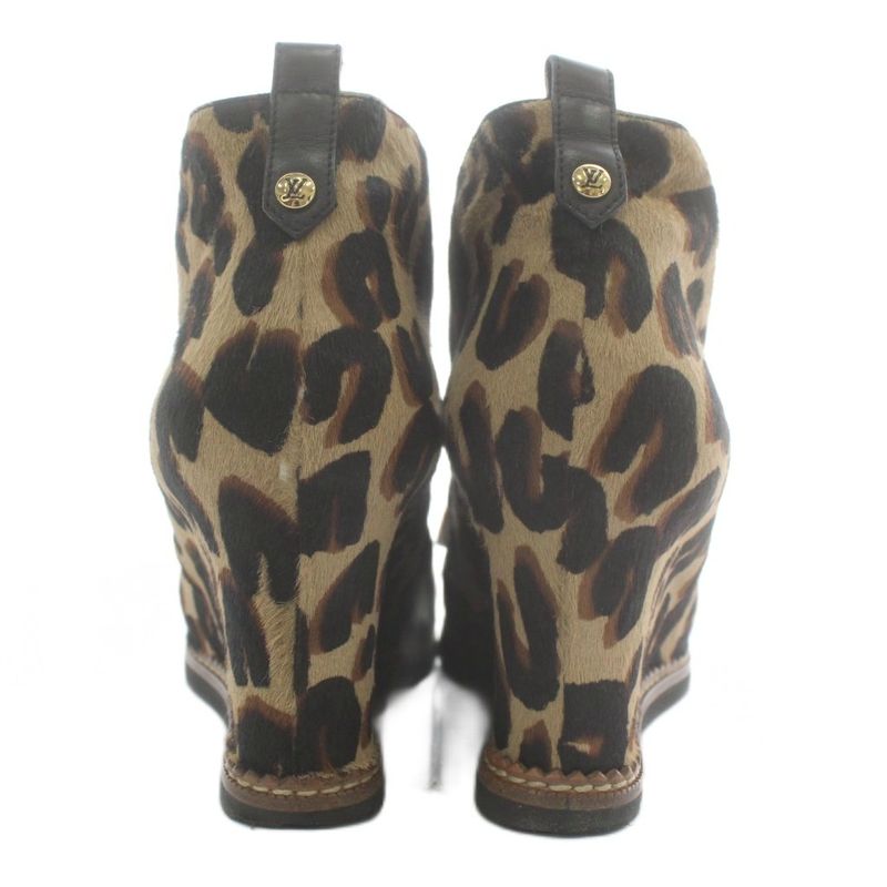 Louis Vuitton Ankle Boots Harako Wedge Sole Leopard Print Leopard Lace Up 38.5