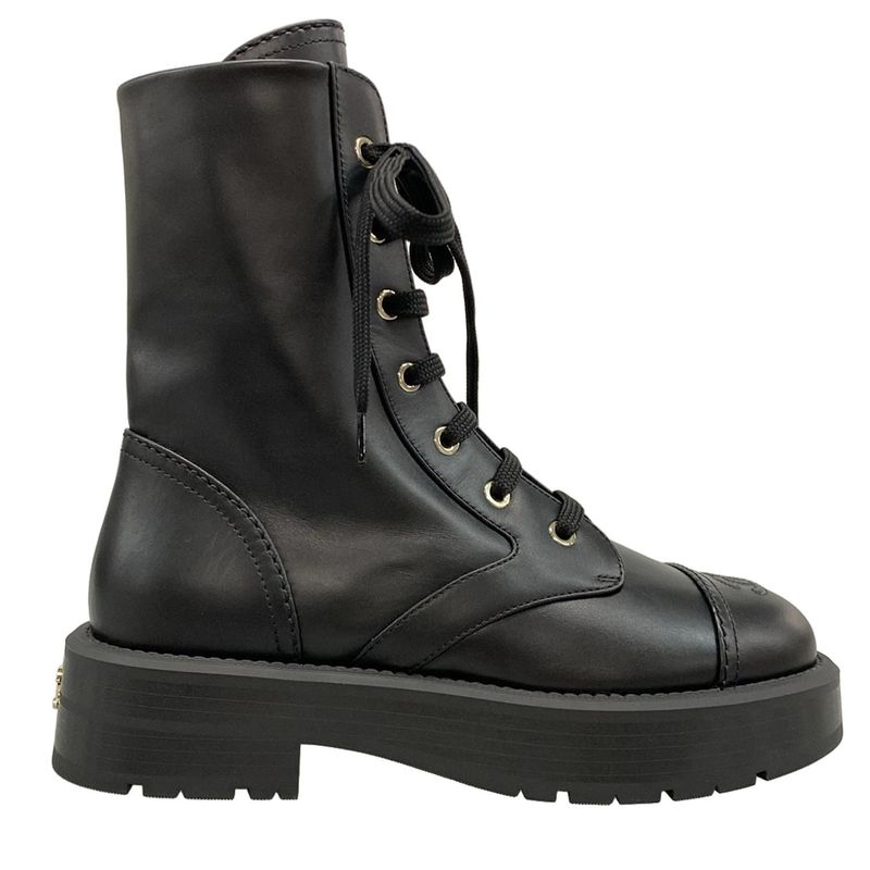 Chanel Short Boots 37 1 2 C Women's - G46853 Black Lace Up Gold Hardware Leather