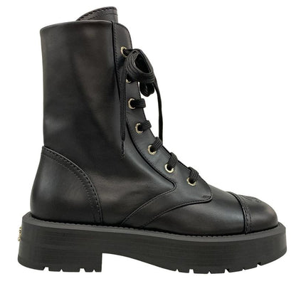 Chanel Short Boots 37 1 2 C Women's - G46853 Black Lace Up Gold Hardware Leather