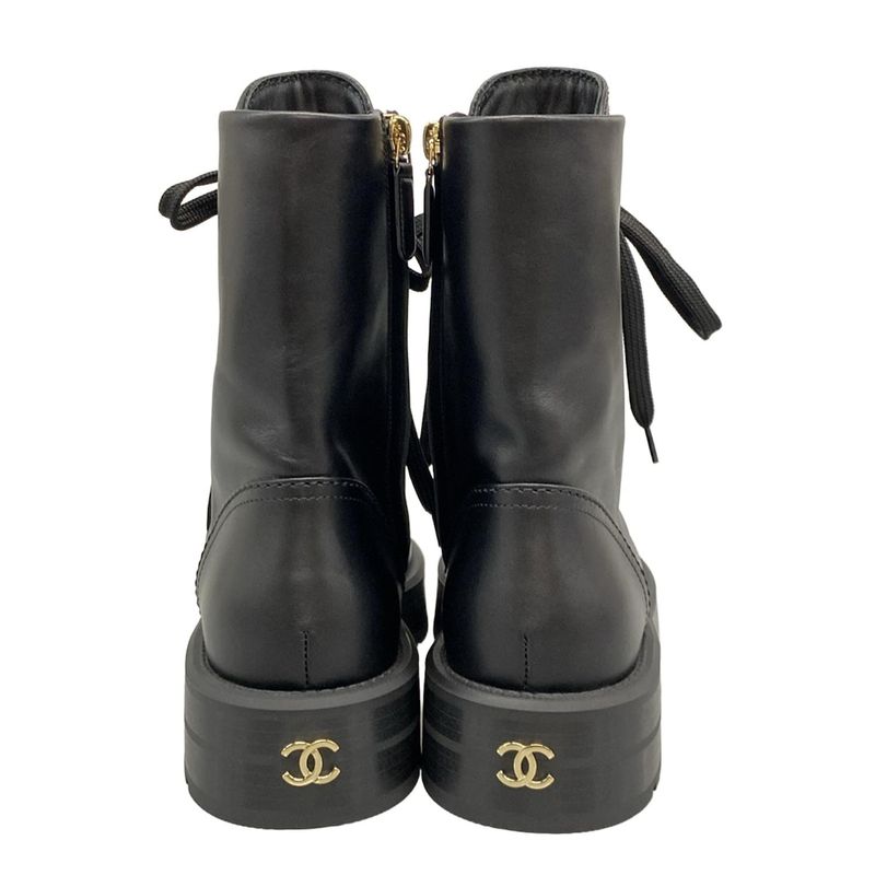 Chanel Short Boots 37 1 2 C Women's - G46853 Black Lace Up Gold Hardware Leather