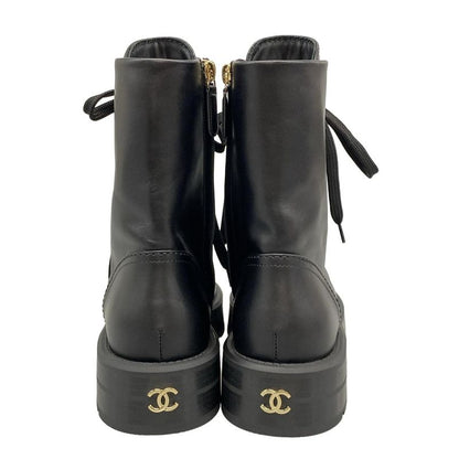 Chanel Short Boots 37 1 2 C Women's - G46853 Black Lace Up Gold Hardware Leather