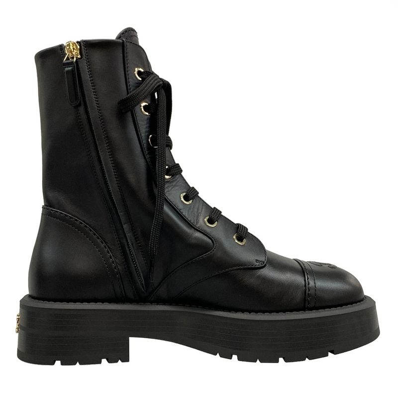 Chanel Short Boots 37 1 2 C Women's - G46853 Black Lace Up Gold Hardware Leather