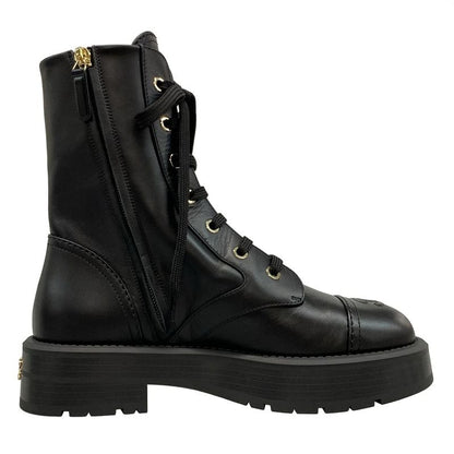 Chanel Short Boots 37 1 2 C Women's - G46853 Black Lace Up Gold Hardware Leather