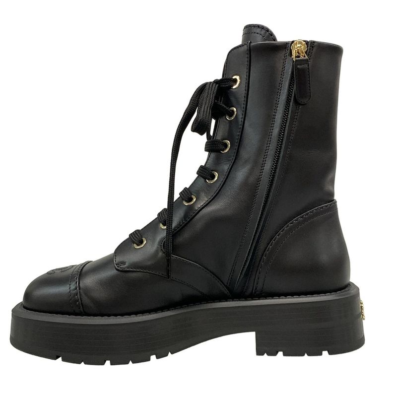 Chanel Short Boots 37 1 2 C Women's - G46853 Black Lace Up Gold Hardware Leather