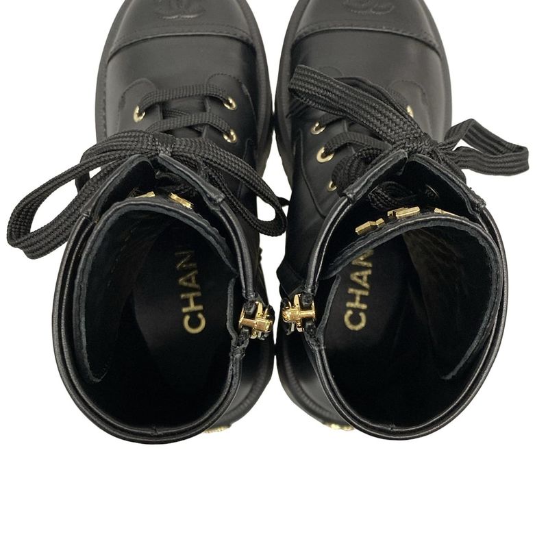 Chanel Short Boots 37 1 2 C Women's - G46853 Black Lace Up Gold Hardware Leather