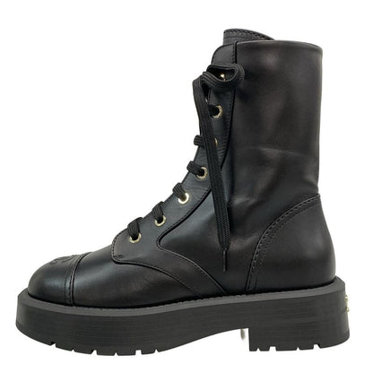 Chanel Short Boots 37 1 2 C Women's - G46853 Black Lace Up Gold Hardware Leather