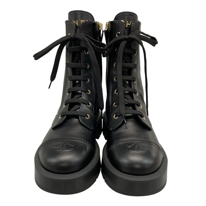 Chanel Short Boots 37 1 2 C Women's - G46853 Black Lace Up Gold Hardware Leather