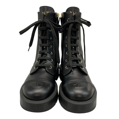 Chanel Short Boots 37 1 2 C Women's - G46853 Black Lace Up Gold Hardware Leather